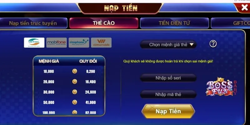 Nạp tiền BOSSFUN bằng thẻ cào 4 nhà mạng lớn